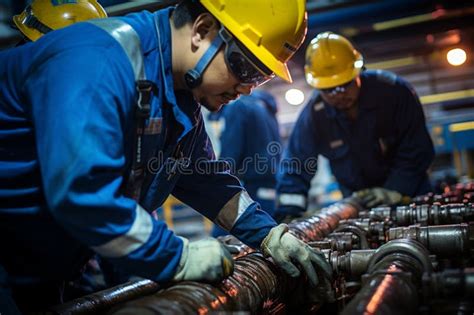 The Workers of the Oil and Gas Processing Plant Set Up the Pipeline ...