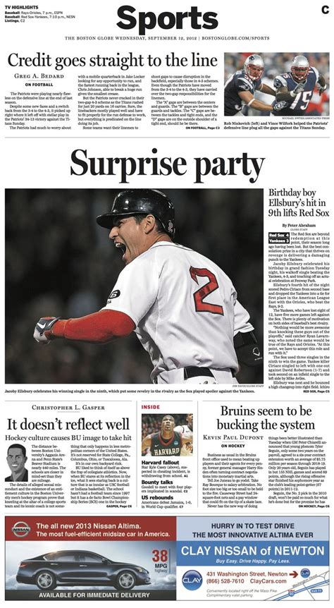 September 12, 2012 Boston Globe sports cover. Boston Globe, Bruins, Red ...