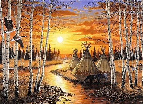 Native American Scenery, sun, river, trees, horses, tents, HD wallpaper | Peakpx