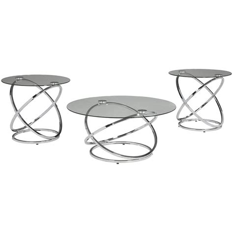 Ashley Furniture Hollynyx 3 Piece Glass Top Coffee Table Set in Chrome | Cymax Business