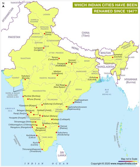 Map of India Showing Cities which have been Renamed Since 1947 - Answers