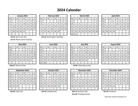 Yearly calendar 2024 printable with federal holidays | Free-calendar ...