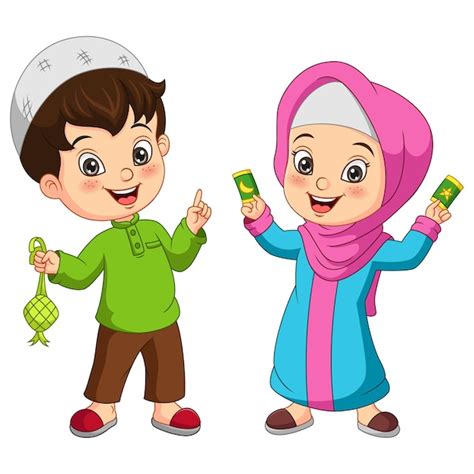 Premium Vector | Happy muslim kids cartoon holding a ketupat