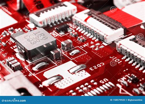 Macro Shot of Circuit Board with Resistors Microchips and Electronic Components. Computer ...