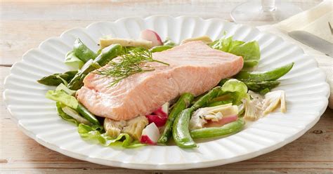 Steamed salmon with spring vegetables