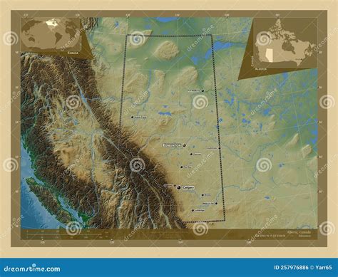 Alberta, Canada. Physical. Labelled Points of Cities Stock Illustration - Illustration of planet ...