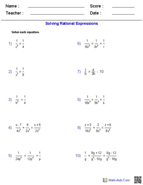 Algebra 1 Worksheets | Rational Expressions Worksheets