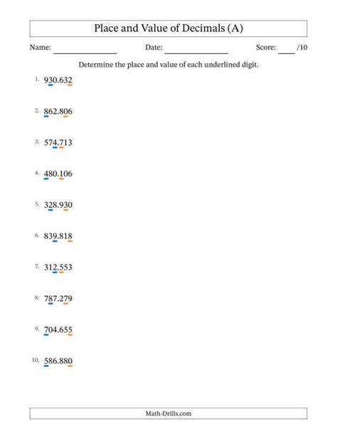 Decimal Place Value to Thousandths (Decimal Point) (A) Place Value Worksheet