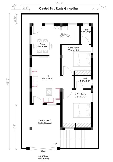 26x45 West House Plan | Free house plans, Model house plan, Beautiful house plans