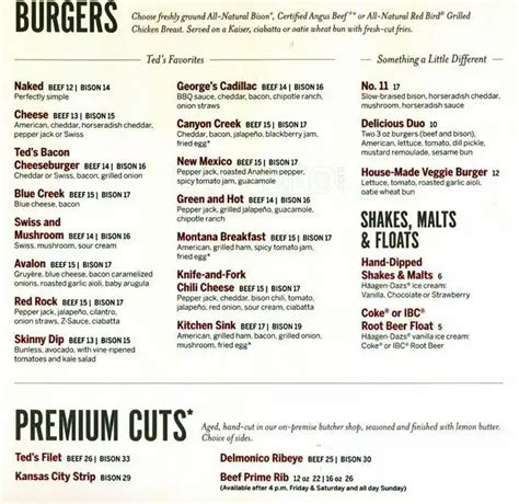 Menu at Ted's Montana Grill restaurant, Denver, Larimer St