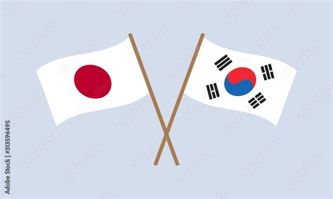 Japan and South Korea crossed flags on stick. Japanese and South Korean national symbols. Vector ...