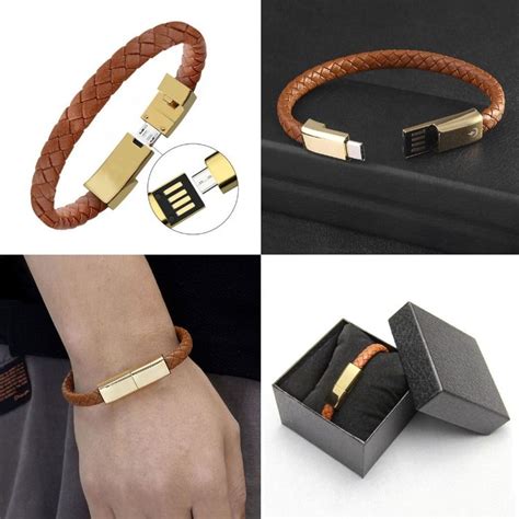 $2.86 Brown Leather Micro USB Charger Cable Bracelet, Mens Leather Bracelet Come with Gift Box ...