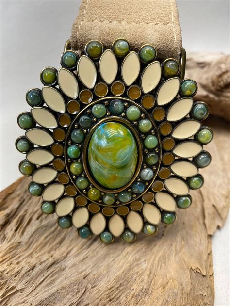 Vintage Antique Brass Belt Buckle With Enamel and Resin Stone Suede ...