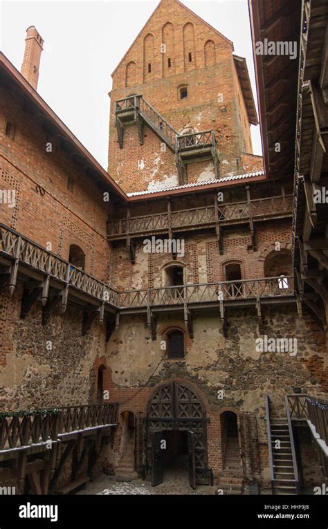 Inside of medieval castle in Trakai, winter landscape, Vilnius County ...