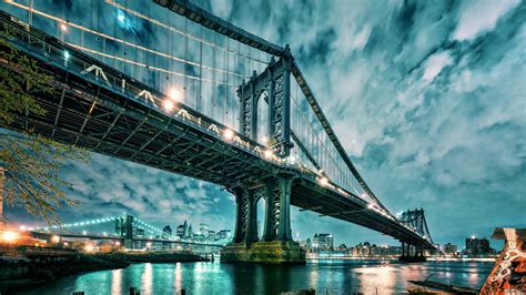 Manhattan, Manhattan Bridge, Bridge, Architecture, USA, New York City, Night, Water, Lights ...