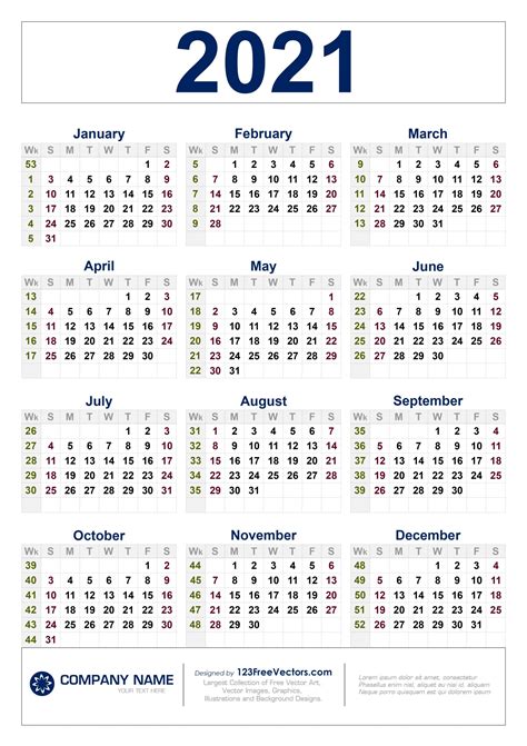 2021 Calendar Weeks Numbered - Template Calendar Design