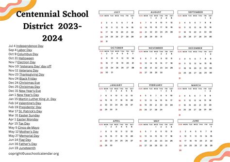 Centennial School District Calendar with Holidays 2023-2024