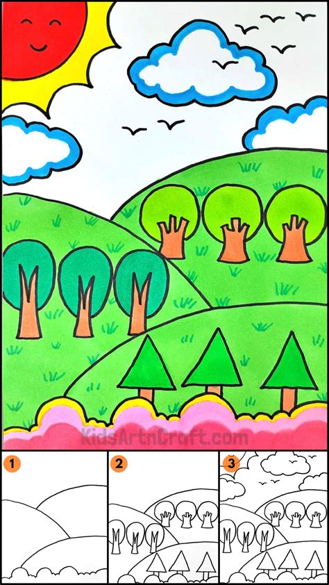 Landscape Drawing Step by Step Tutorial for kids - Kids Art & Craft