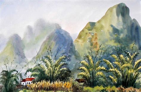 Chinese Painting: Mountains, trees, watercolor - Chinese Painting ...