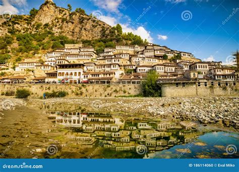 Berat Old Town Reflection in the Water and Opened Restaurants Tourism ...