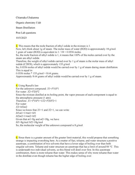 Organic chemistry lab report 4 on Steam distillation - Chiamaka ...