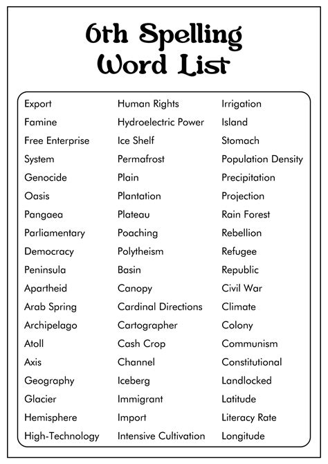 6th Grade Word Lists