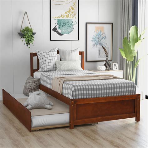 Twin Platform Bed with Trundle, Solid Pine Wood Bed Frame, Pull-out ...