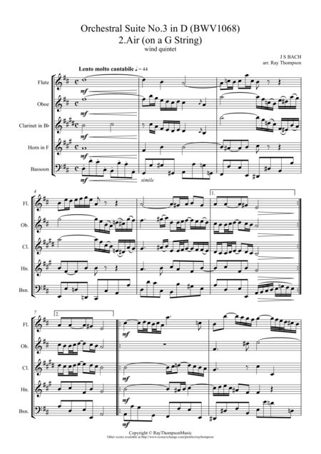 Bach: Orchestral Suite No.3 in D (BWV1068) Mvts 2 to 6 - wind quintet Sheet Music | Johann ...