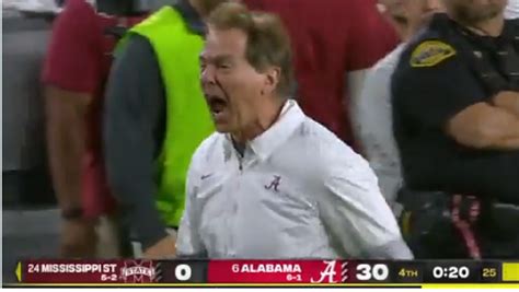 Angry Nick Saban Curses Out Ref While Up 30-0 With 20 Seconds To Go In ...