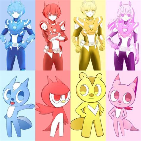 four different colored cartoon characters standing next to each other