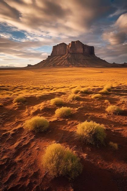 Premium AI Image | A desert landscape with a mountain in the background