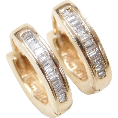 Vintage 14k Gold .26 ctw Diamond Baguette Huggie Hoop Earrings from arnoldjewelers on Ruby Lane