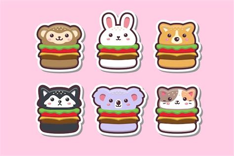 Premium Vector | Cute kawaii animal burger drawing sticker set illustration