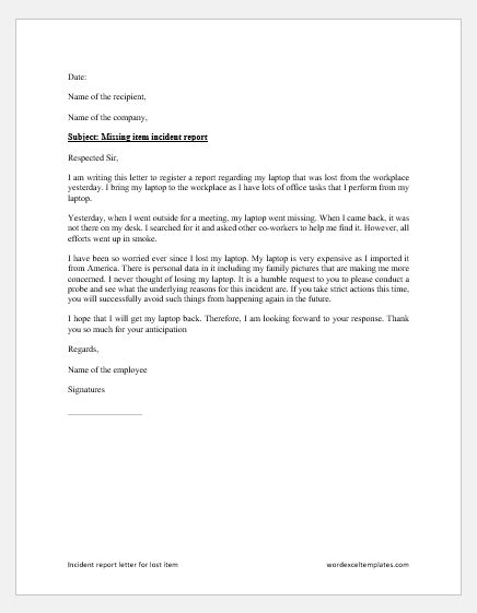 Incident Report Letter for Lost Item | Download Letter