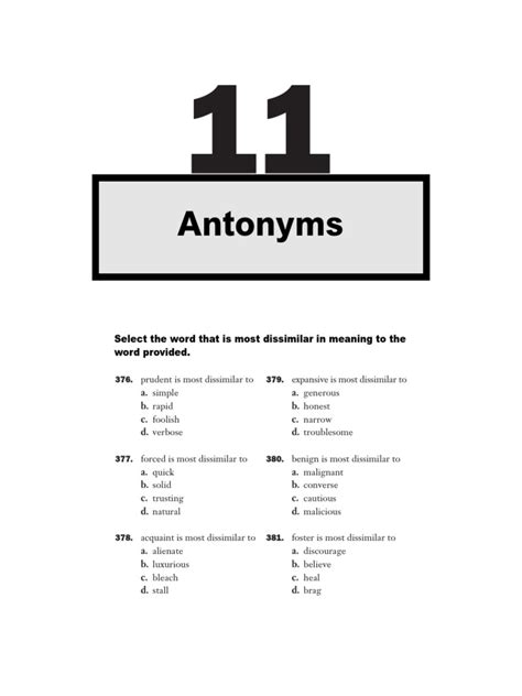 Antonyms: Select The Word That Is Most Dissimilar in Meaning To The ...