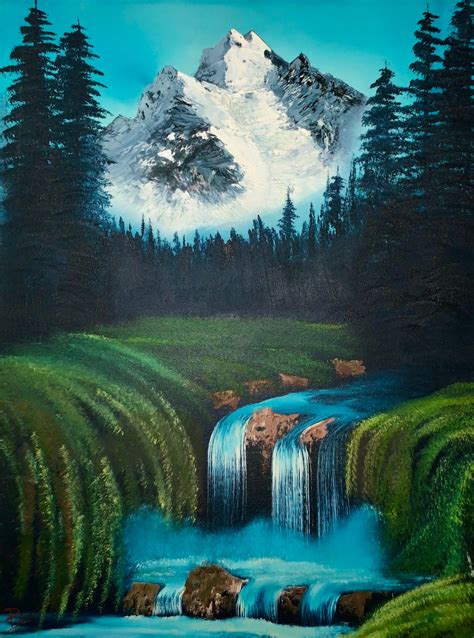 Bob Ross Style Rocky Mountains Waterfall Landscape Acrylic | Etsy