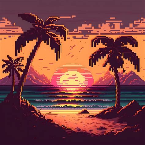 Premium Photo | A pixel art style illustration of a beach with mountains and a sunset.