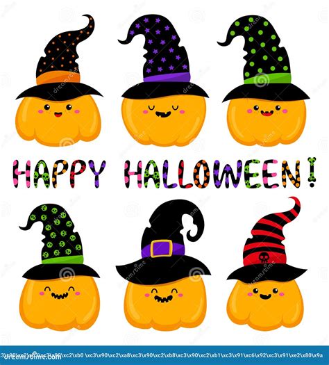 Halloween Set of Kawaii Pumpkins in Hats. Vector Stock Vector ...