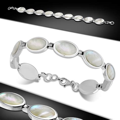 Stone Bracelets: Mother of Pearl Oval links Sterling Silver Bracelet