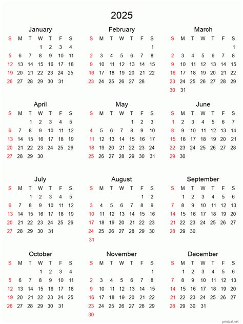 2025 Printable Calendar - Yearly Calendar (Tabular style)