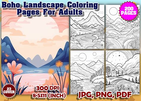 200 Boho Landscapes Coloring Book Pages Graphic by BOO. DeSiGns · Creative Fabrica