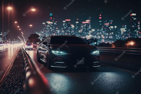 Premium Photo | Car on the road in the city at night Generative AI