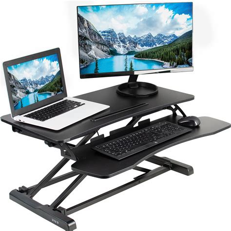 VIVO Black Height Adjustable Standing Desk Monitor Riser 32" Sit Stand Workstation Tabletop ...