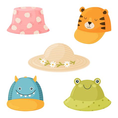 Set of cartoon children s summer hats. Collection of hats for boys and girls from the sun ...