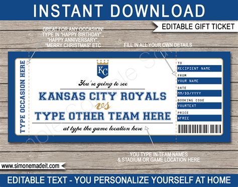 Kansas City Royals Game Ticket Gift Voucher | Printable Surprise Baseball Tickets