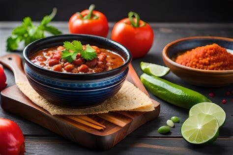 Premium AI Image | a bowl of chili with beans and rice