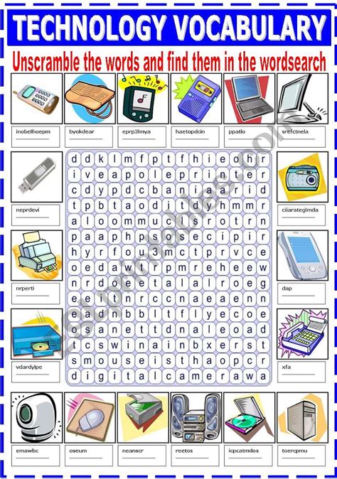 English worksheets: TECHNOLOGY VOCABULARY (UNSCRAMBLE AND WORDSEARCH)