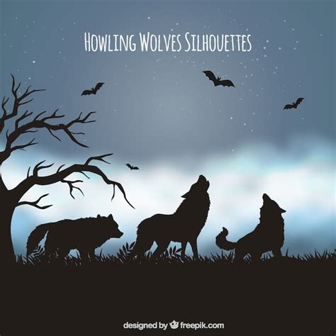 Free Vector | Landscape background with silhouette of wolves and bats