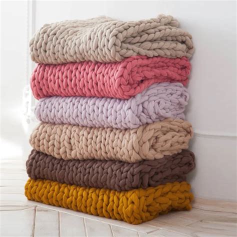 Fashion Hand Chunky Wool Knitted Blanket Thick Yarn Merino Wool Bulky Knitting Throw Blankets ...