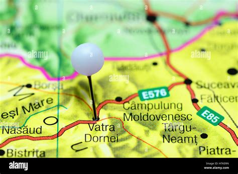 Vatra Dornei pinned on a map of Romania Stock Photo - Alamy